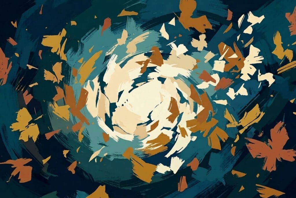 Abstrakte Malerei mit wirbelnden Pinselstrichen in Dunkelblau, Gold und Beige – symbolisiert Gefühle nach einer Krebsdiagnose wie Wut, Trauer und Kontrollverlust