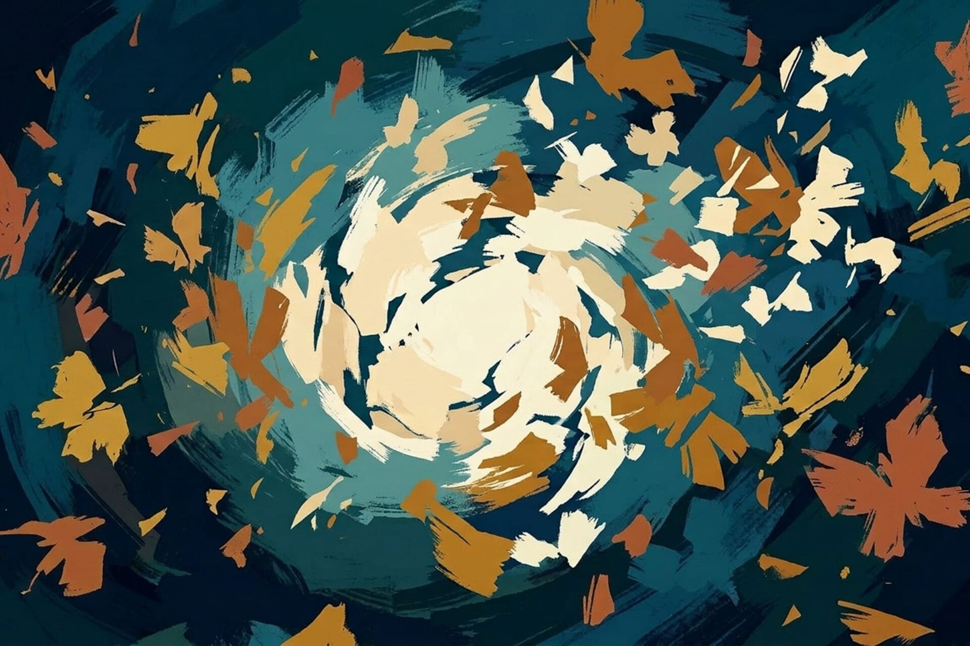 Abstrakte Malerei mit wirbelnden Pinselstrichen in Dunkelblau, Gold und Beige – symbolisiert Gefühle nach einer Krebsdiagnose wie Wut, Trauer und Kontrollverlust